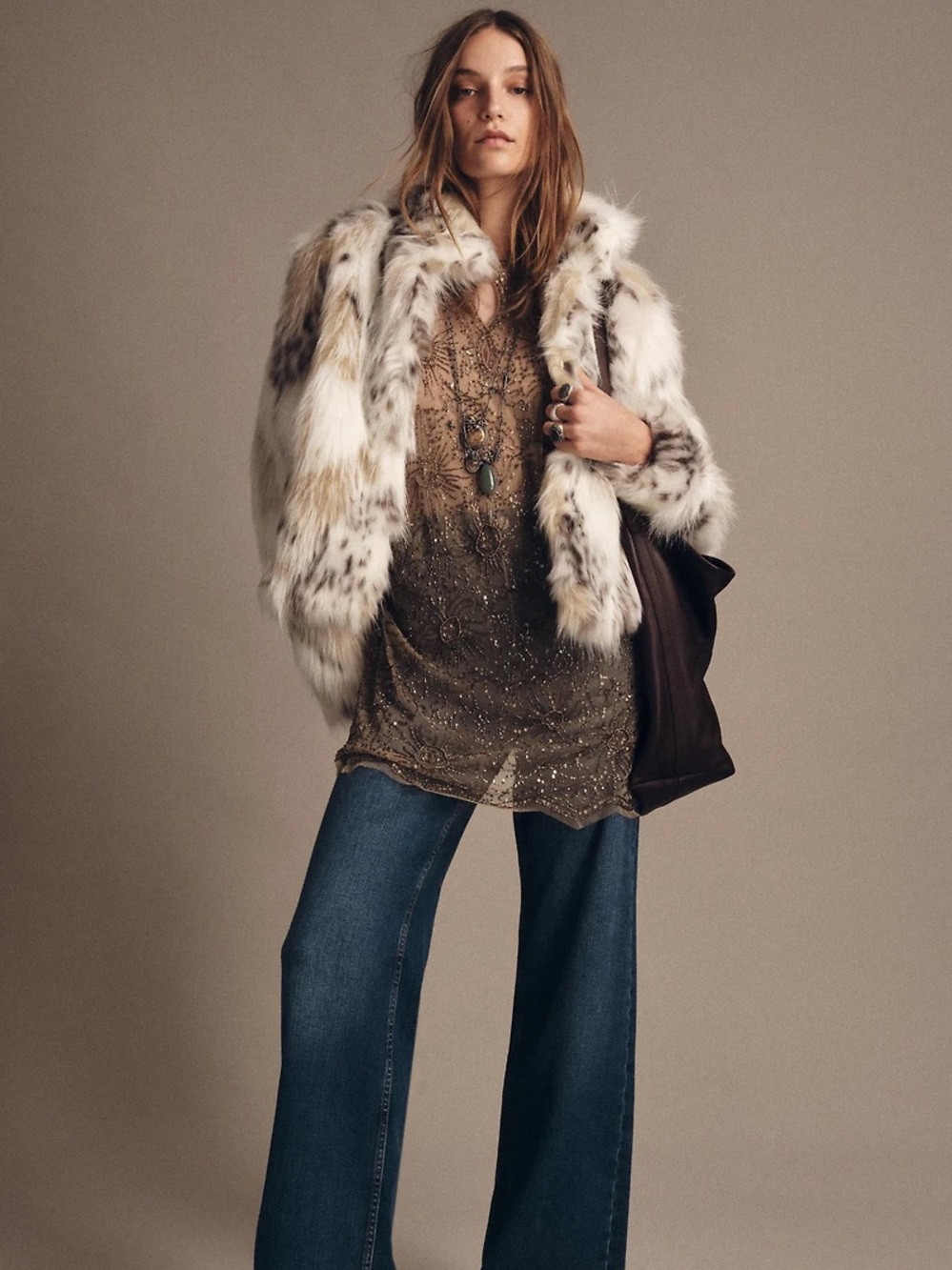 Zara Faux Fur Lynx Jacket in White with Brown and Black Spots Animal Print